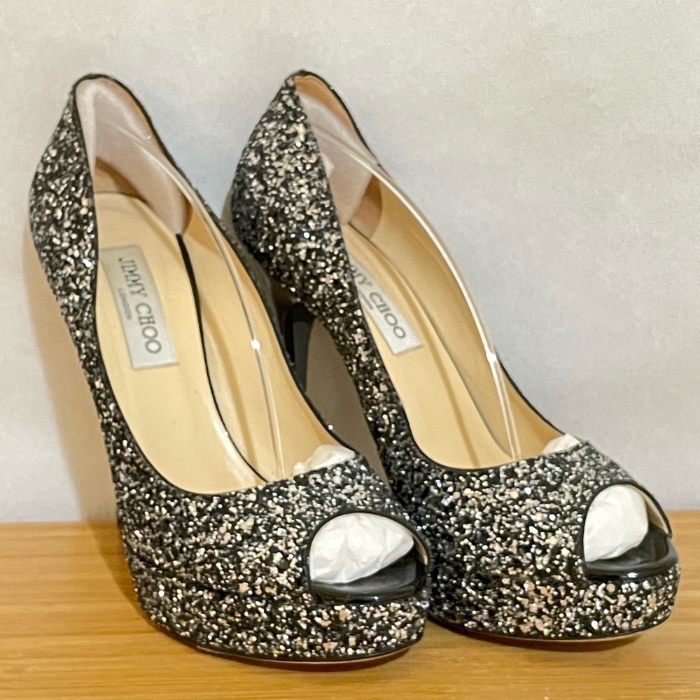 Jimmy Choo Dhalia stilleto pumps 120mm platform black silver chunky glitter 38.5 - Picture 7 of 10